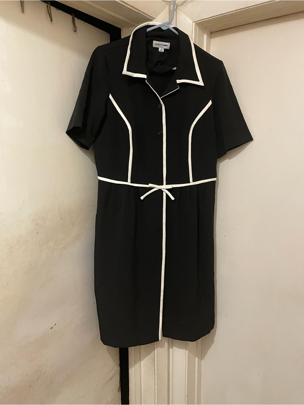 Shelby & Palmer Women’s Black White Trim Shirt Dress 16 Button Tie Short Sleeve